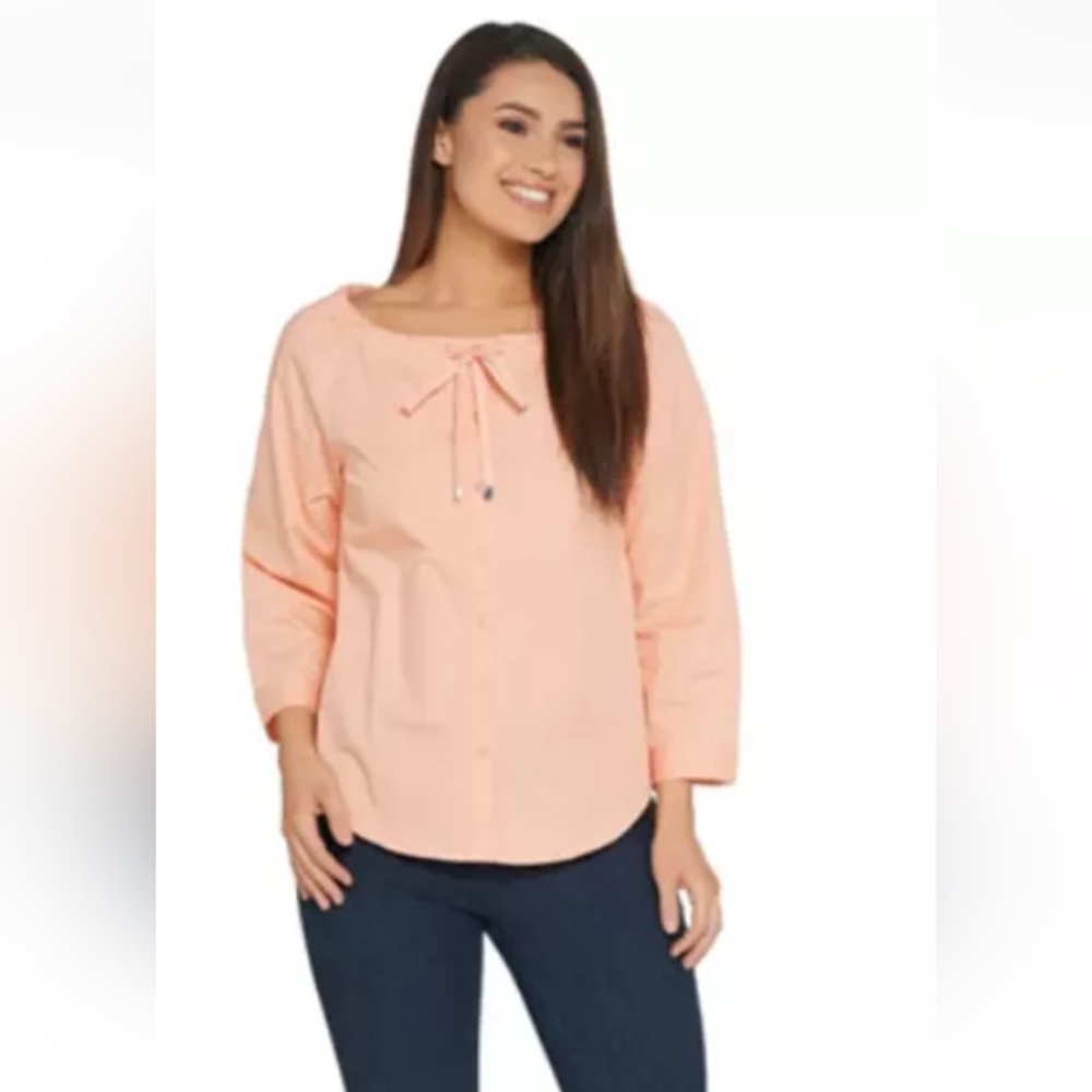 Linea by Louis Dell'Olio Peasant Blouse with Drawstring Detail Top In Melon